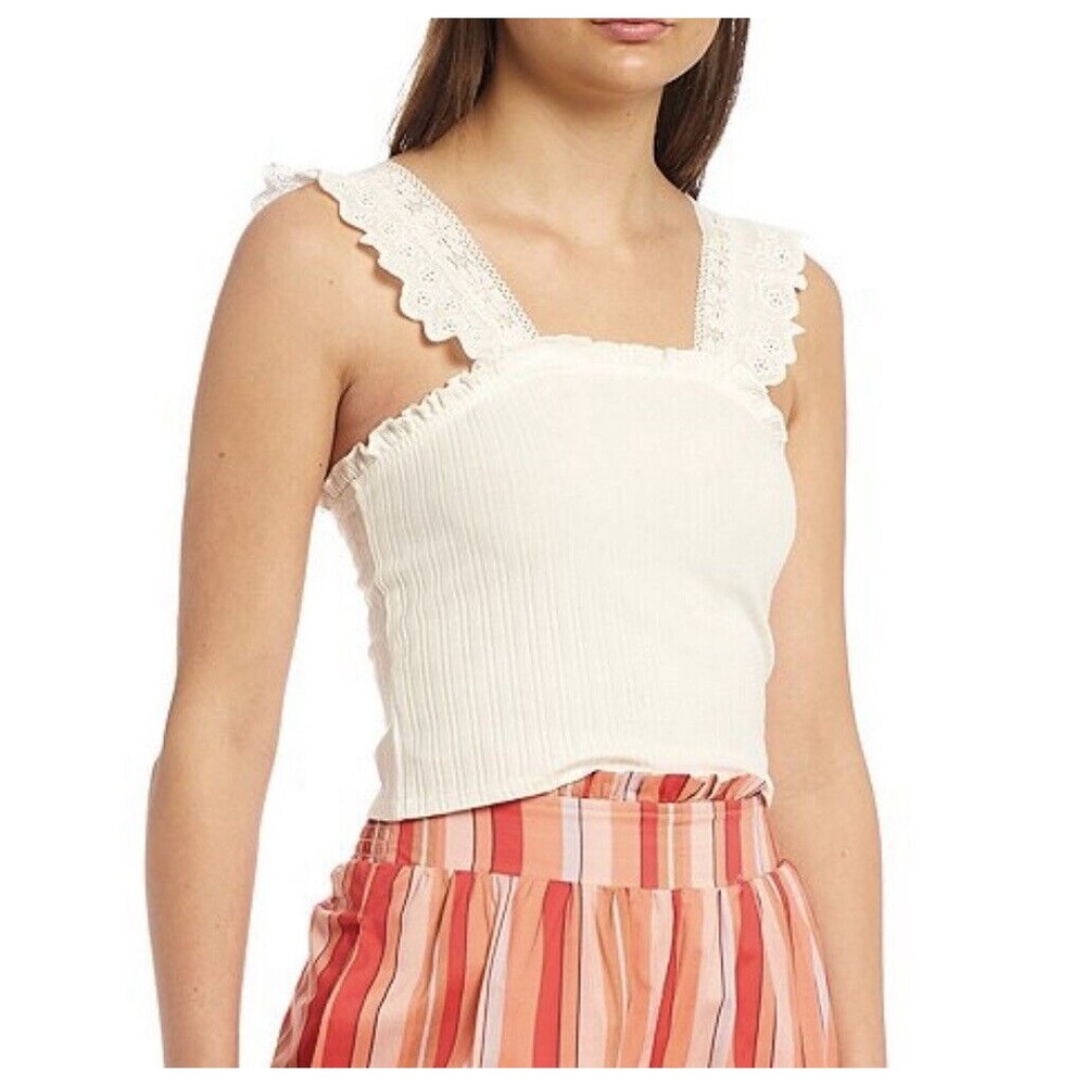 Coco + Jaimeson Size Medium Ruffle Eyelet Strap Rib Knit Top In Ivory